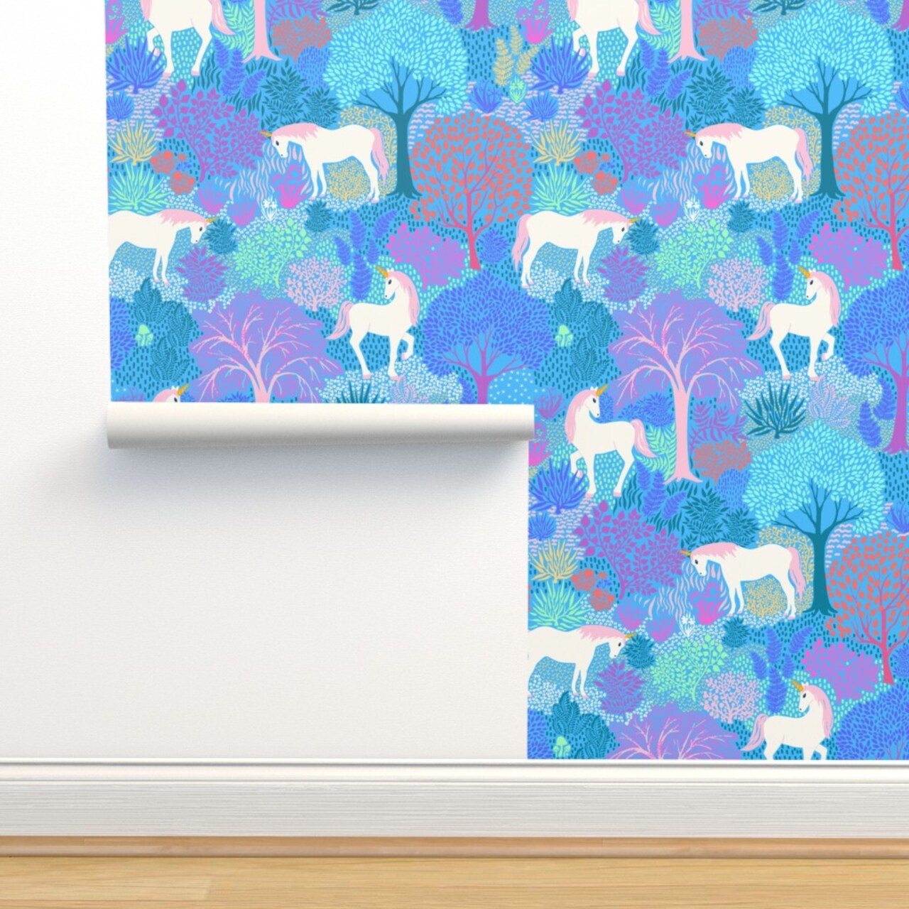 Unicorn Forest Blue Pink Purple Woodland Magic Enchanted Whimsical Mythical Custom Removable Wallpaper by Spoonflower Peel & Stick Wallpaper 2FT Wide